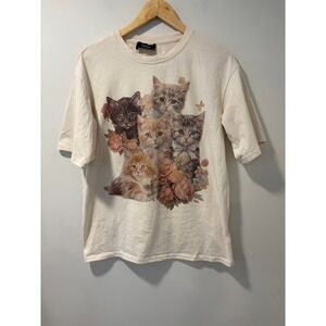 Cider Beige Kitten Graphic T-Shirt Floral Bows Small Cottage Oversized Whimsy